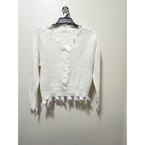 Full Circle Trends White Knit Sweater 100% Acrylic V-Neck Frayed Bangladesh